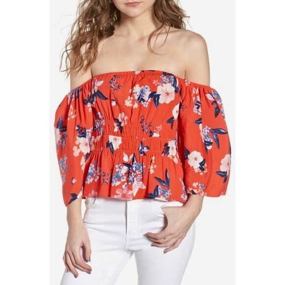 Cupcakes and Cashmere 2XS XXSmall Red Floral Barr Off The Shoulder Top Blouse - Picture 9 of 10